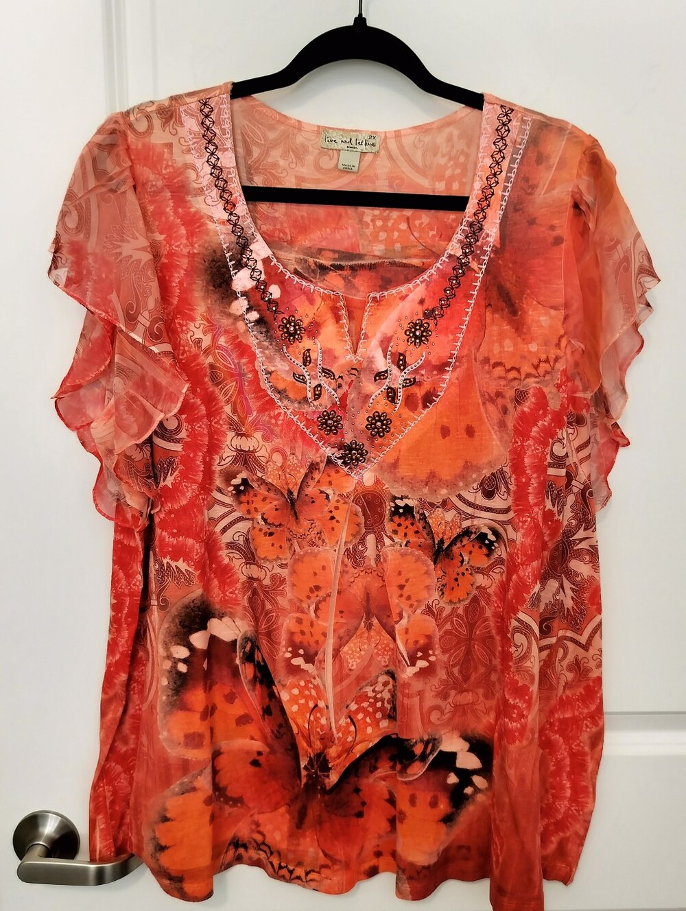 ONE WORLD Women's 2X Orange Butterfly Print Flutter Sleeve Blouse